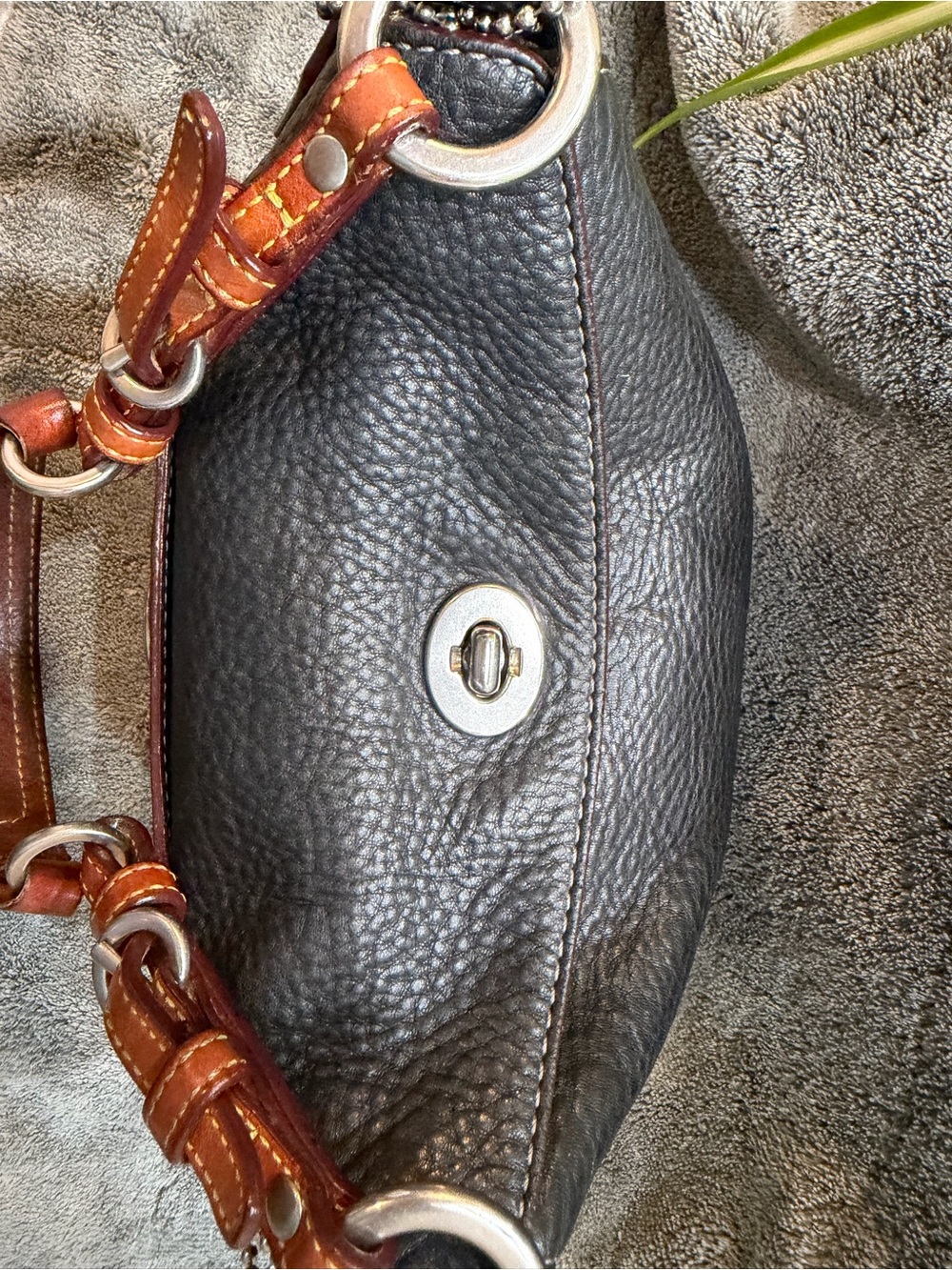 Coach Black Pebbled Leather Shoulder Bag with Brown Strap Accents - Picture 4 of 11
